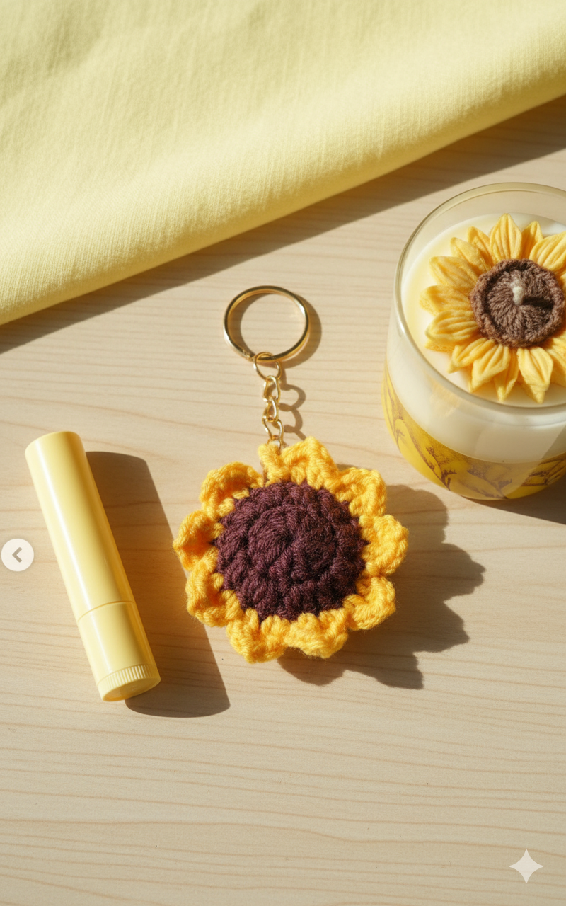 Sunflower-themed keychain and lip balm on a wooden surface with a yellow fabric background.