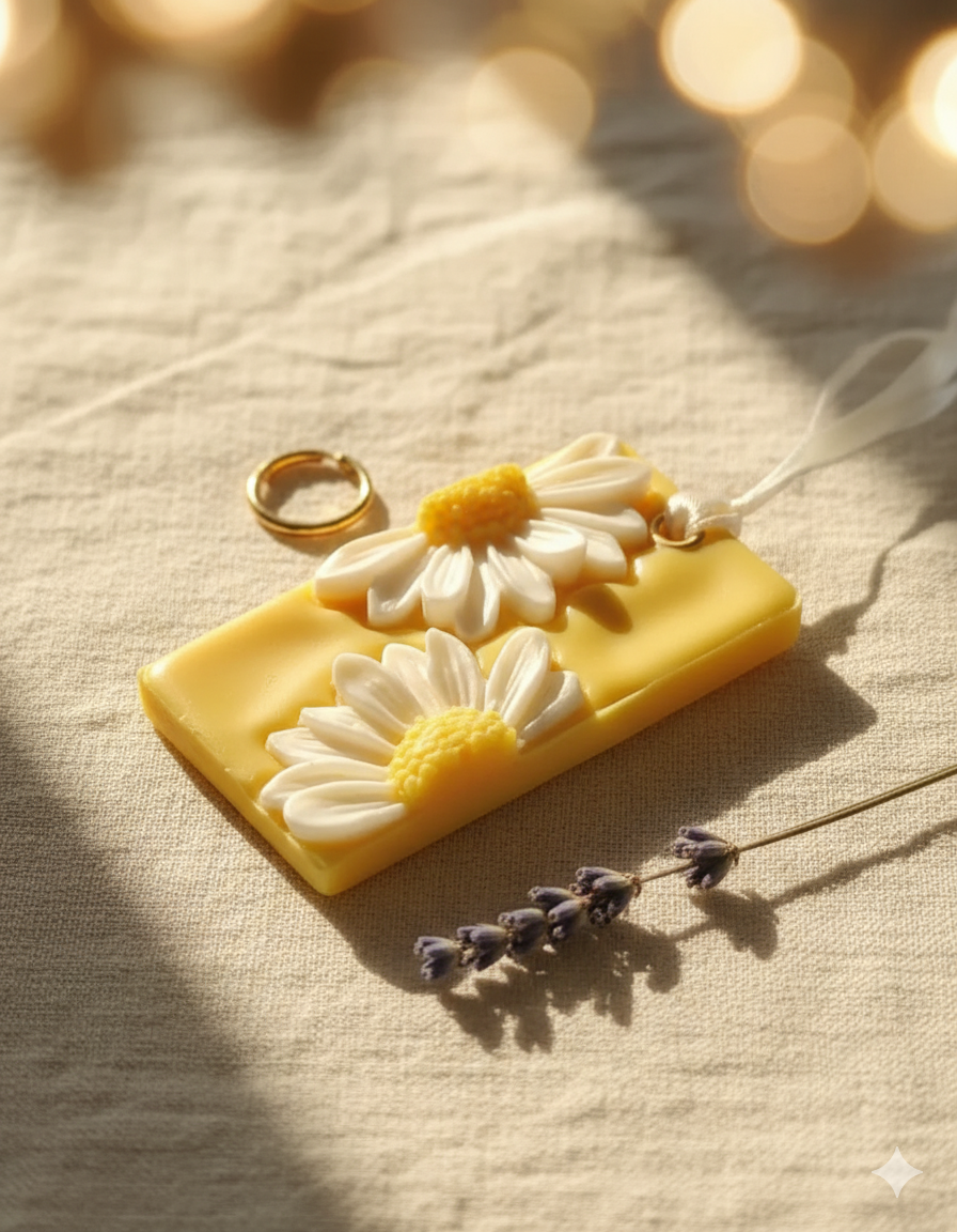 Yellow wax with daisy designs on a textured surface with blurred lights in the background