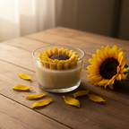 Sunflower-shaped dessert in a glass bowl on a wooden table with sunflower petals.