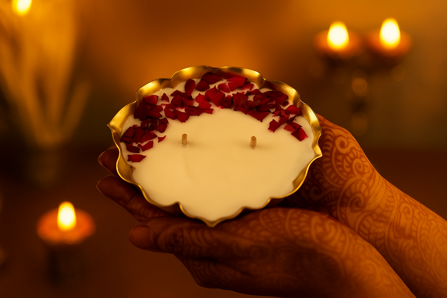 Rose Petals Urli Decor Candle