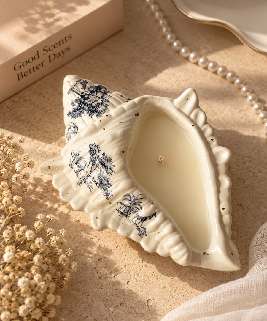 Blue Toile Conch Candle – handmade by Ishq with Candles, Pune