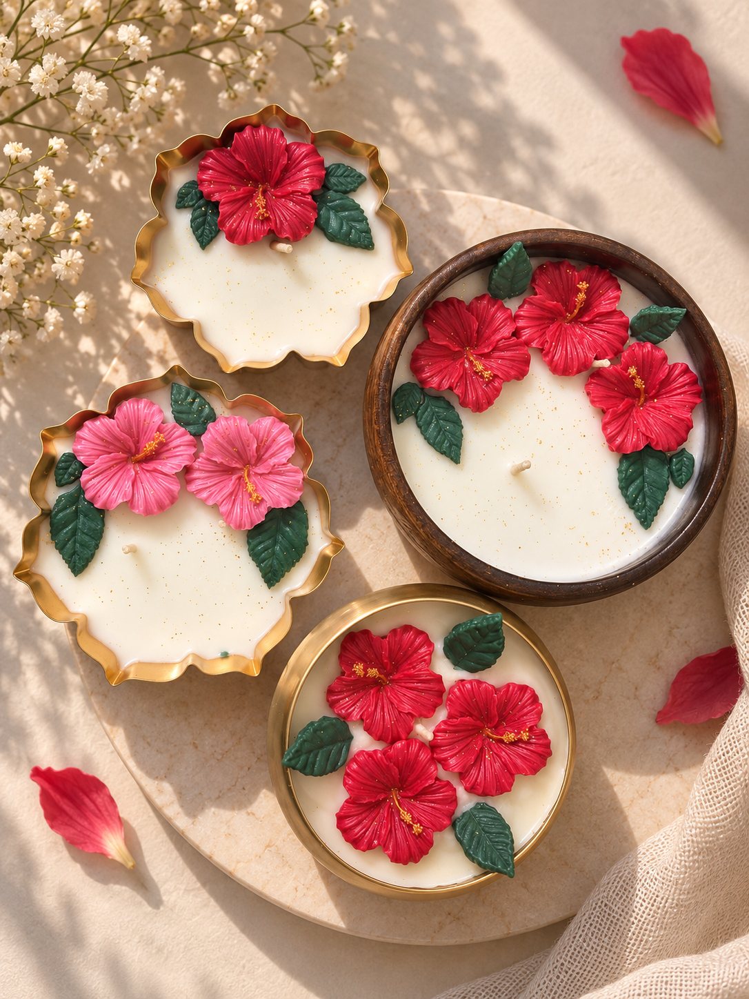 Hibiscus Bloom Urli Candle – handmade by Ishq with Candles, Pune