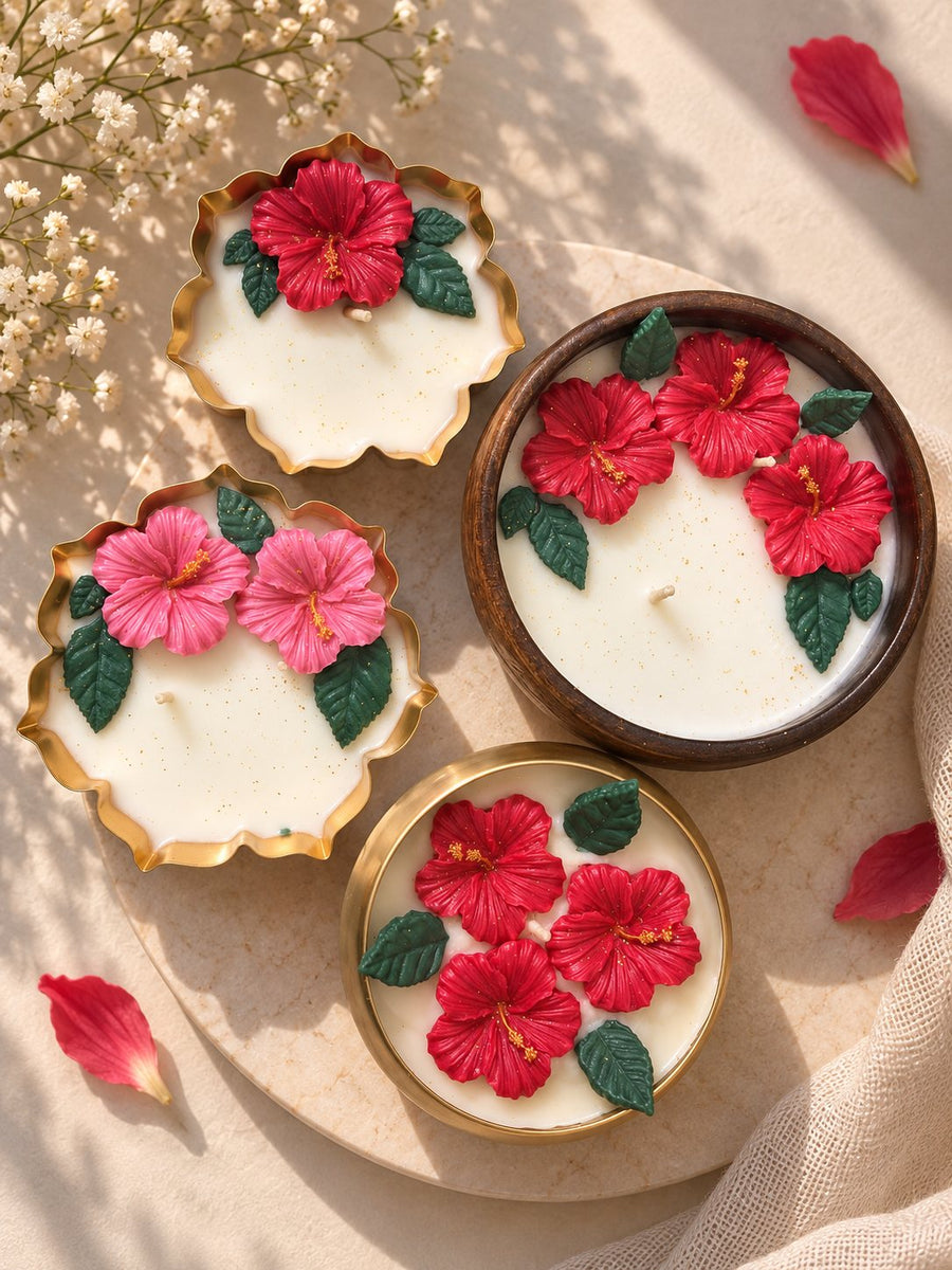 Hibiscus Bloom Urli Candle – handmade by Ishq with Candles, Pune