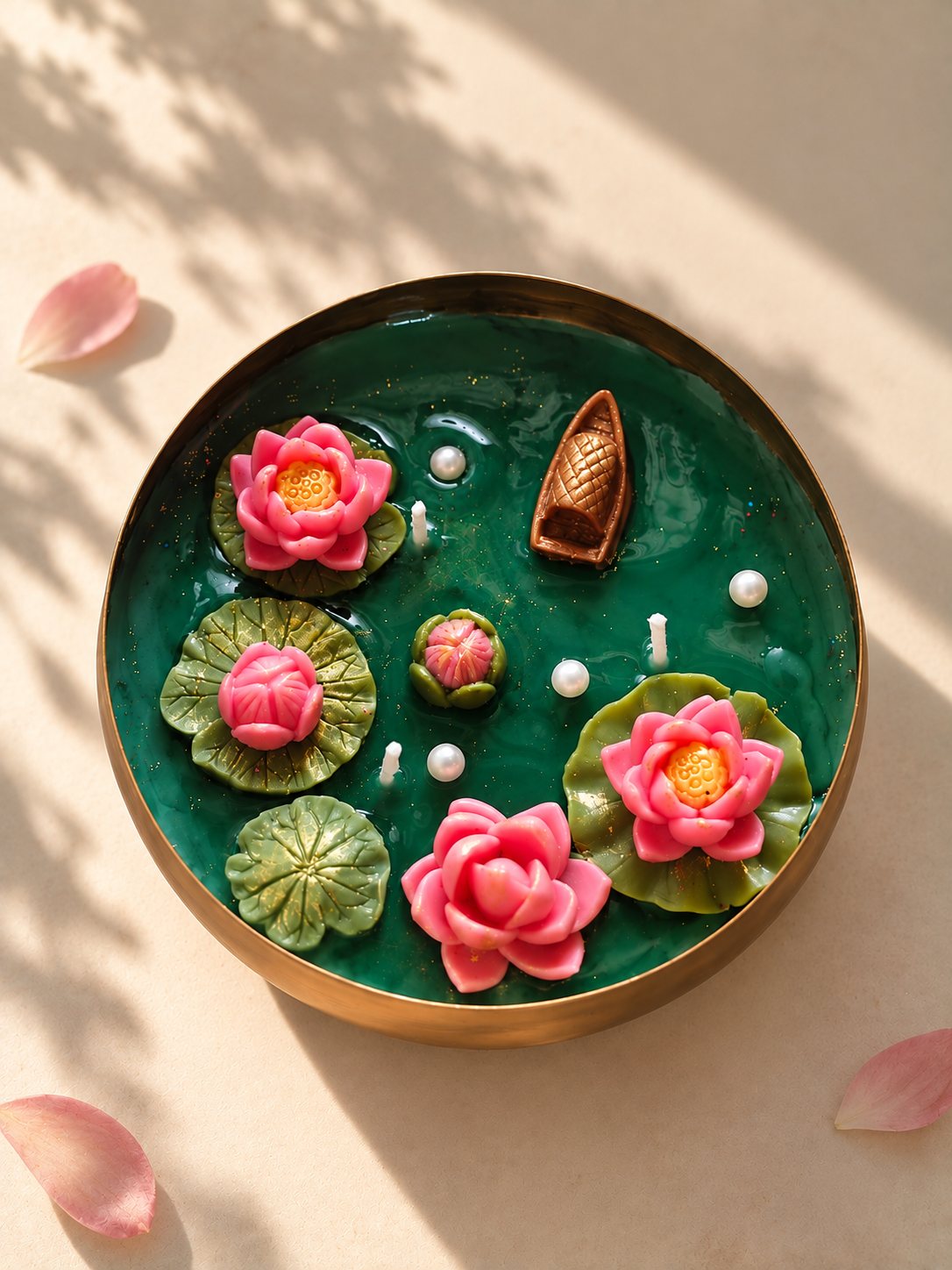 Lotus Pond Urli Candle - Green – handmade by Ishq with Candles, Pune