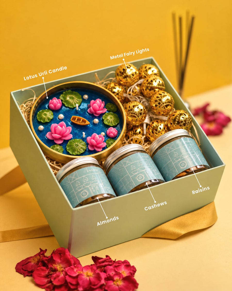Lotus Urli & Dry Fruit Hamper – handmade by Ishq with Candles, Pune