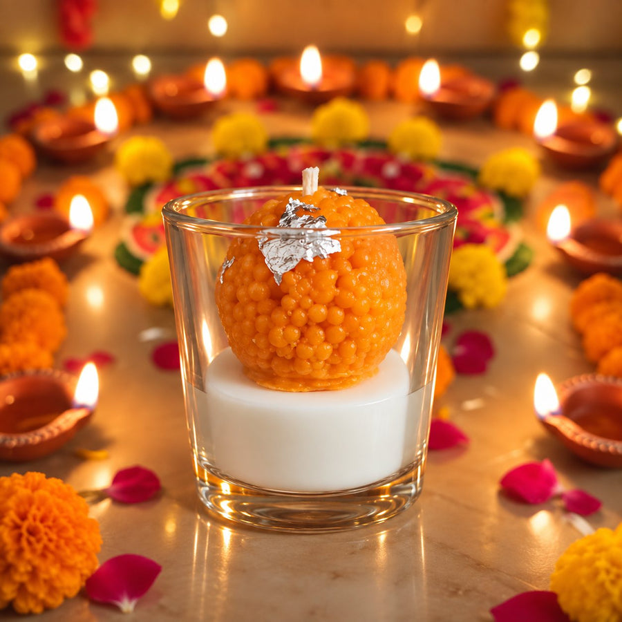 Motichoor Laddoo Glass Candle – handmade by Ishq with Candles, Pune