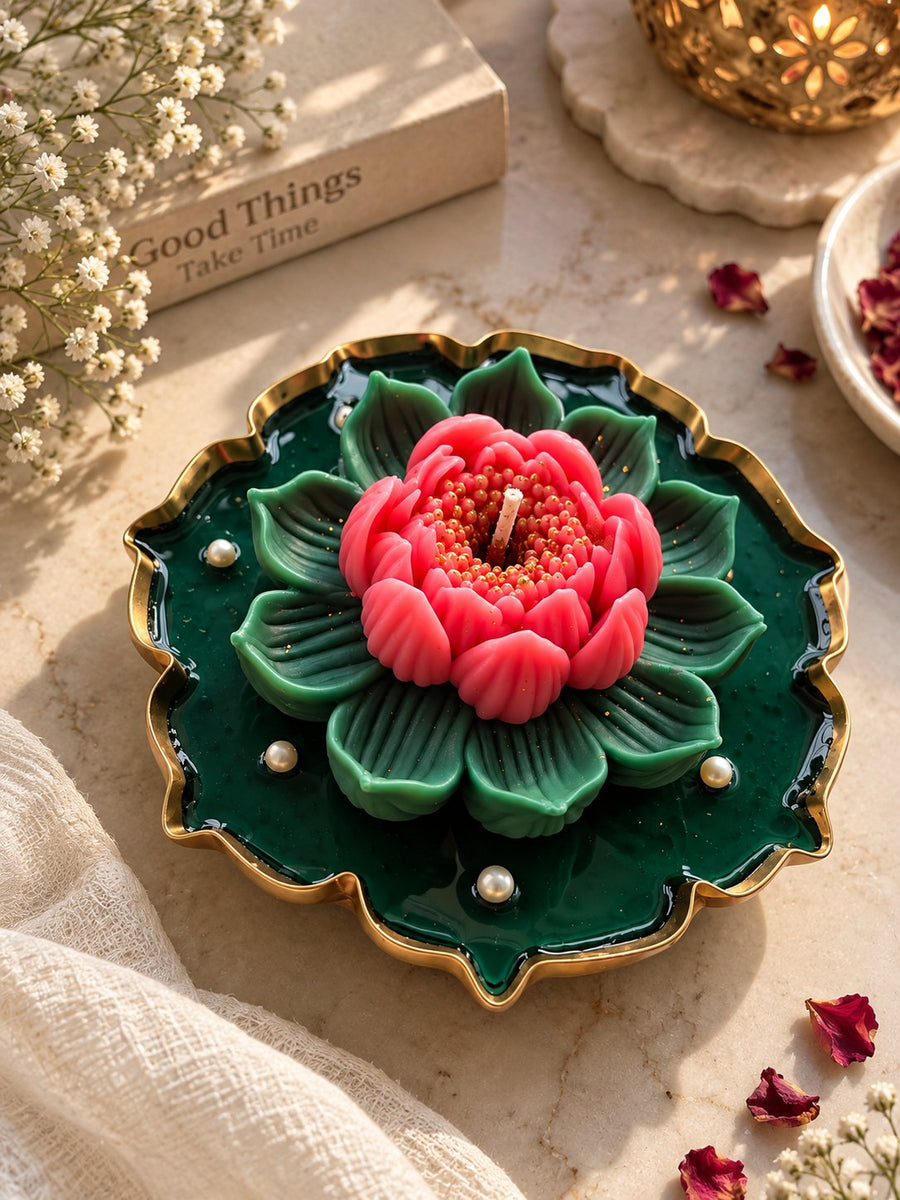 Pink Lotus Green Urli Candle – handmade by Ishq with Candles, Pune