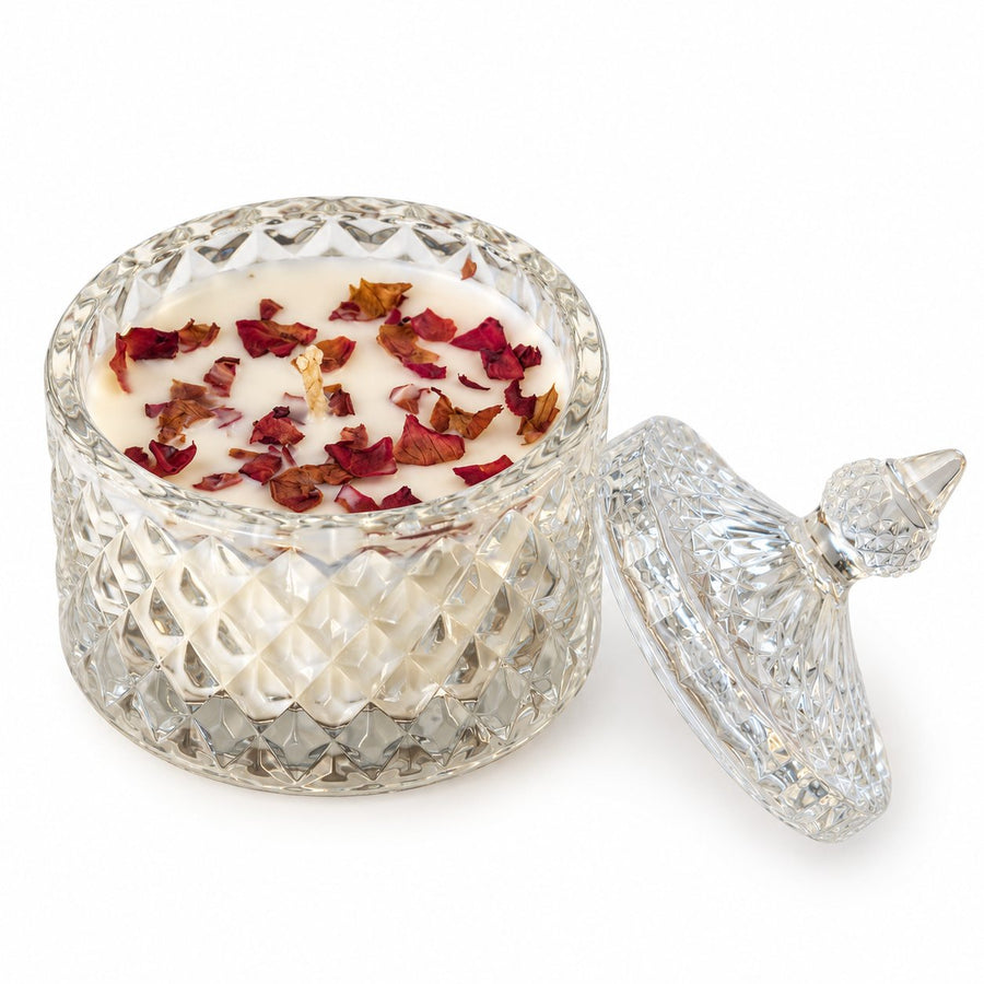 Rose Petals Crystal Jar Candle – handmade by Ishq with Candles, Pune
