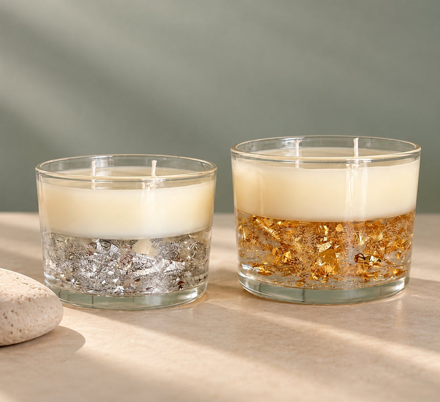 Silver & Gold Flake Tumbler Candles – handmade by Ishq with Candles, Pune