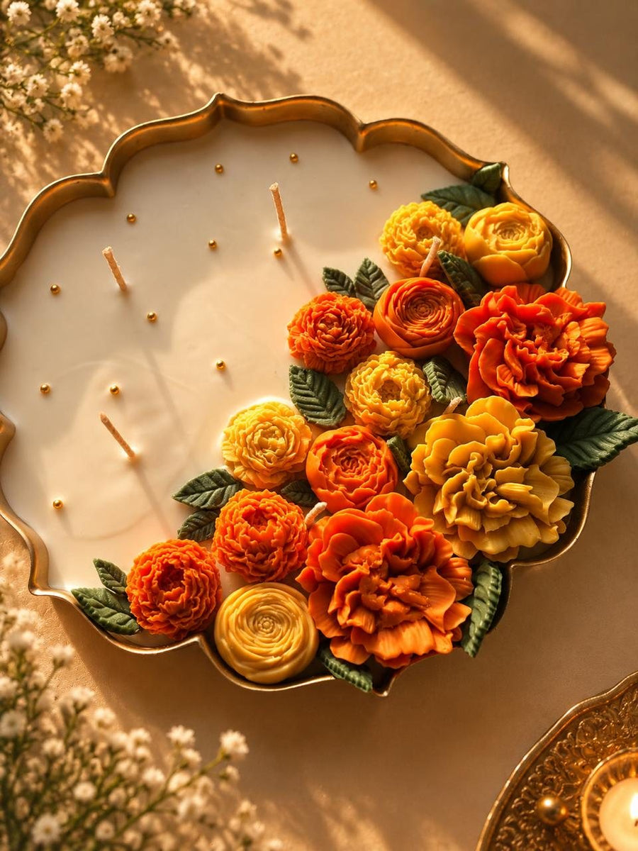 Suryamukhi Marigold Urli Candle – handmade by Ishq with Candles, Pune